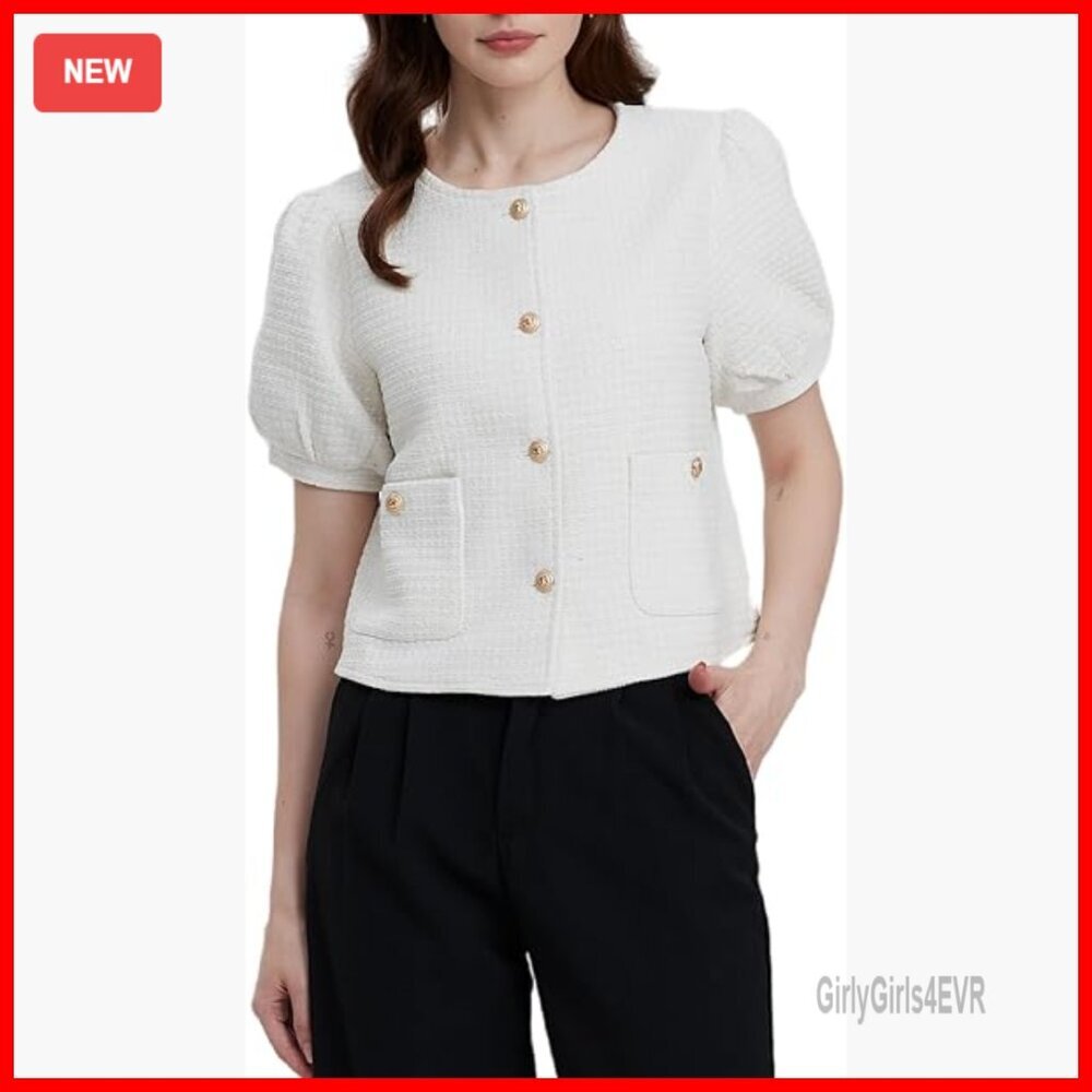 Cropped Tweed Blazer Short Sleeve Collarless Work Jacket with Pockets